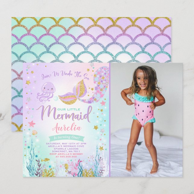 Mermaid Birthday Invitation Under The Sea Party (Front/Back)