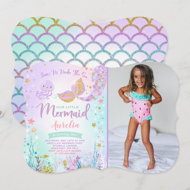 Mermaid Birthday Invitation Under The Sea Party (Front/Back)