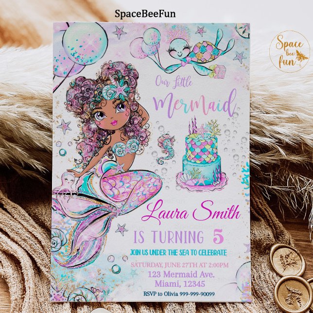 Mermaid Birthday Invitation Unicorn Black Mermaid  (Creator Uploaded)