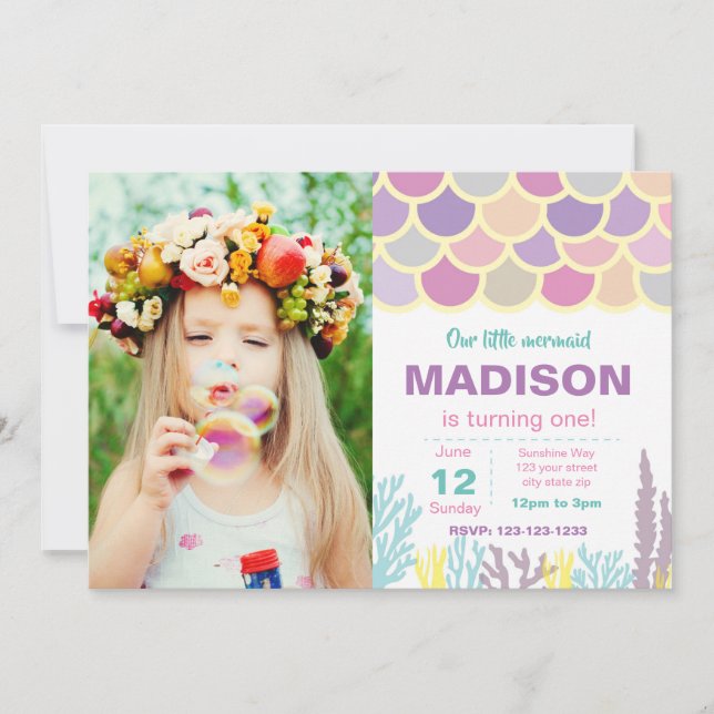 Mermaid Birthday Invitation with Photo (Front)
