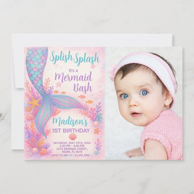 Mermaid Birthday Invitation with photo (Front)