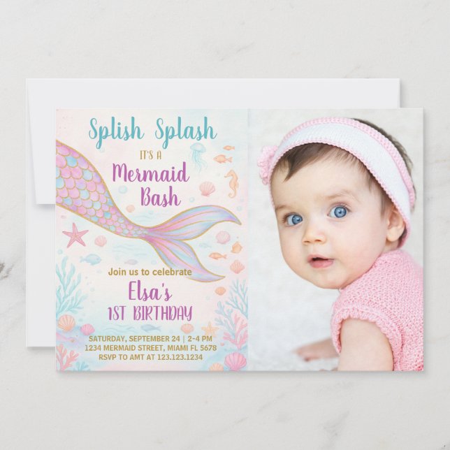 Mermaid Birthday Invitation with photo (Front)