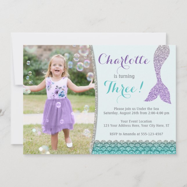 Mermaid Birthday Invitation with Photo (Front)