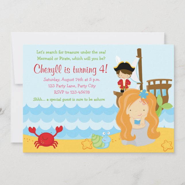 Mermaid Birthday Invitations for Girls with Pirate (Front)