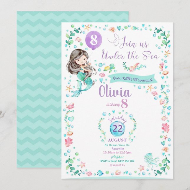 Mermaid Birthday Invitations Mermaid Party Girls (Front/Back)