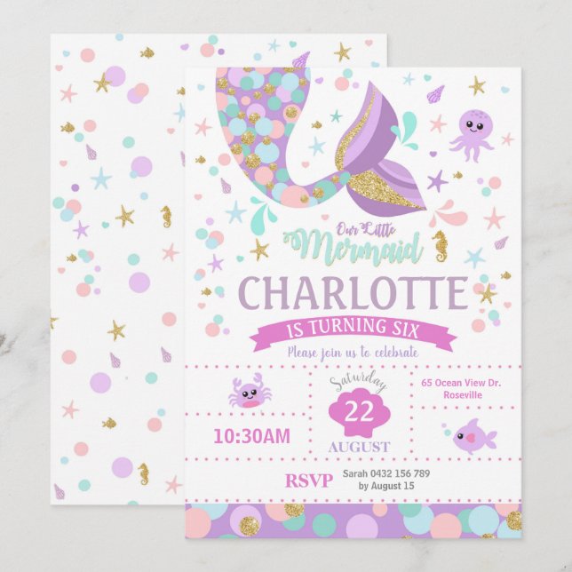 Mermaid Birthday Invitations Mermaid Pool Party (Front/Back)
