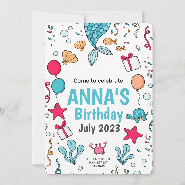 Mermaid Birthday Invite, Under the sea Birthday  Invitation (Front)