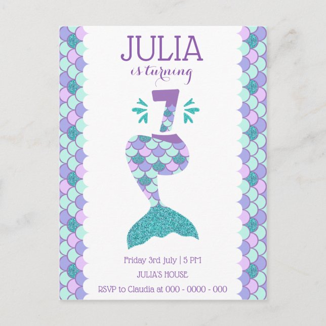 Mermaid Birthday Mermaid Number 7 Invitation Postcard (Front)