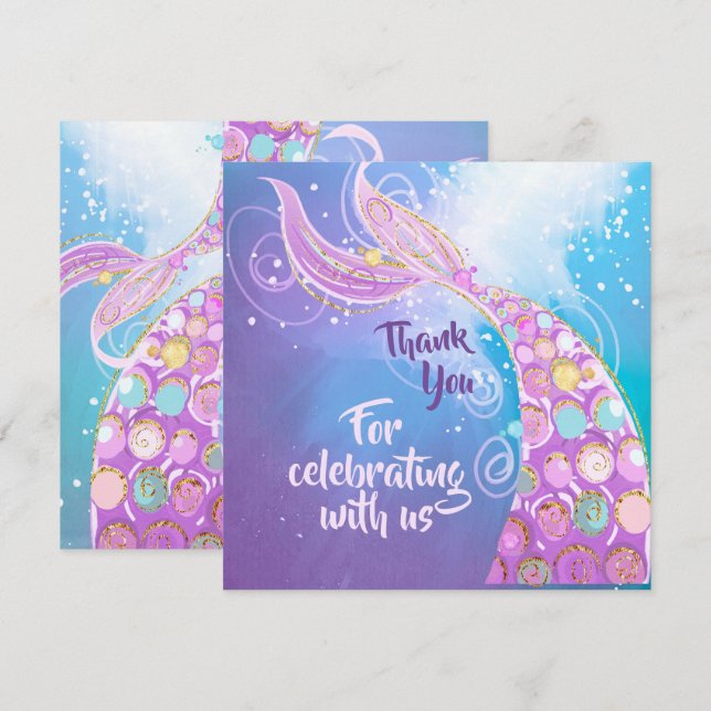 Mermaid Birthday Party Bash Thank You Card (Front/Back)