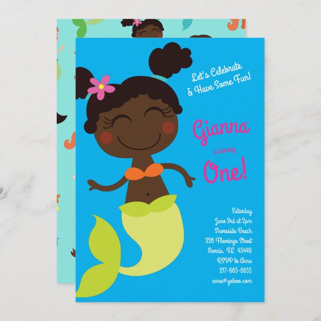 Mermaid Birthday Party Black African American Invitation (Front/Back)