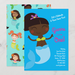 Mermaid Birthday Party Dark Skin Black Asian Invitation