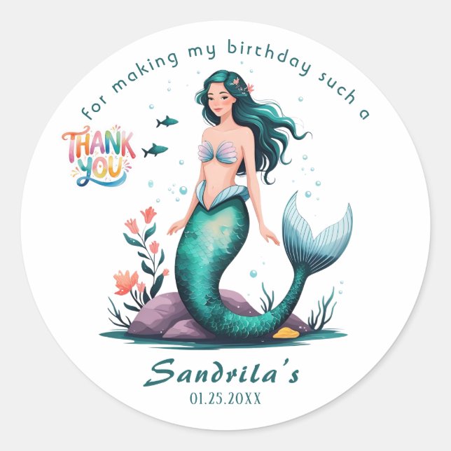 Mermaid  Birthday Party der The Sea Mermaid  Classic Round Sticker (Front)