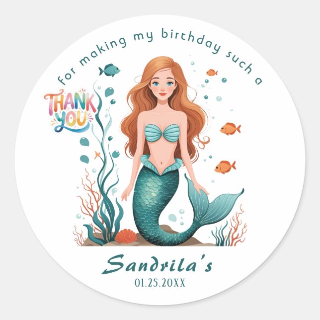 Mermaid  Birthday Party der The Sea Mermaid  Classic Round Sticker (Front)