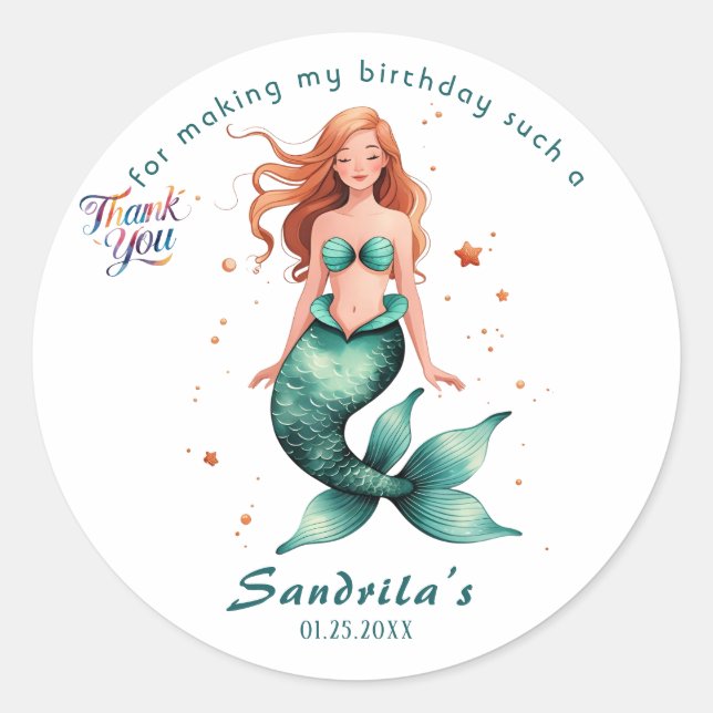 Mermaid  Birthday Party der The Sea Mermaid  Classic Round Sticker (Front)