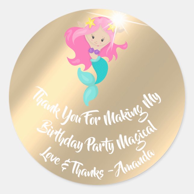 Mermaid Birthday Party Favour Pink Spark Gold Classic Round Sticker (Front)