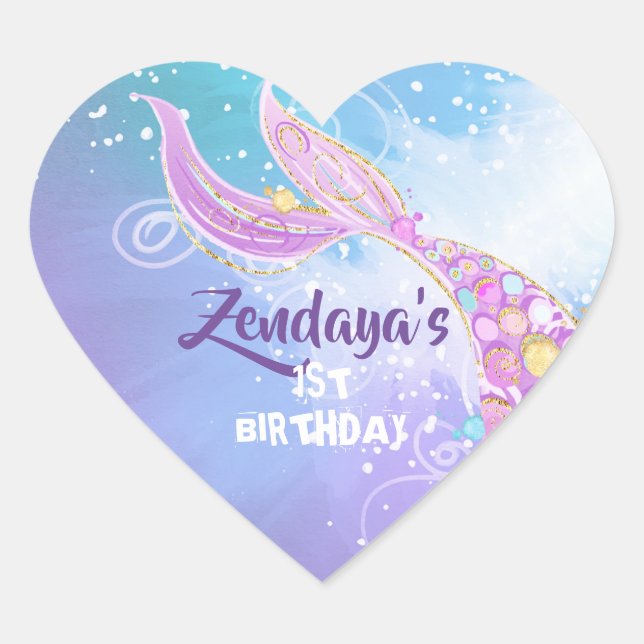 Mermaid Birthday Party Heart Sticker (Front)