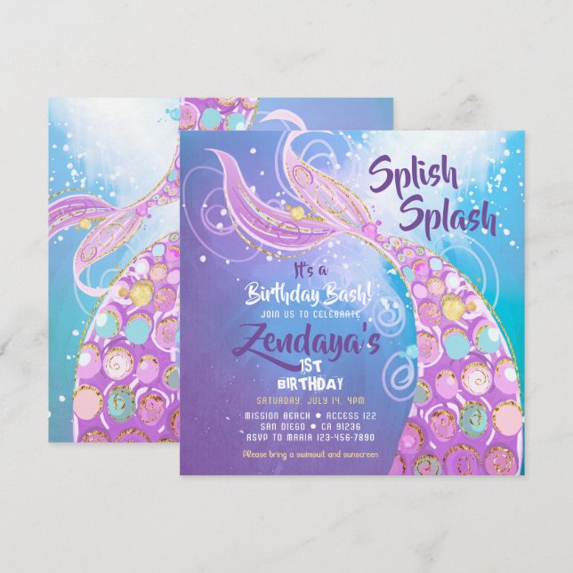 Mermaid Birthday Party Invitation (Front/Back)