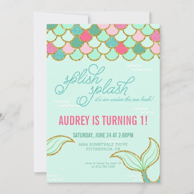 Mermaid Birthday Party Invitation - Gold Glitter (Front)