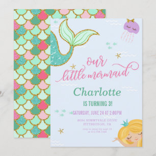 Mermaid Birthday Party Invitation - Gold Glitter