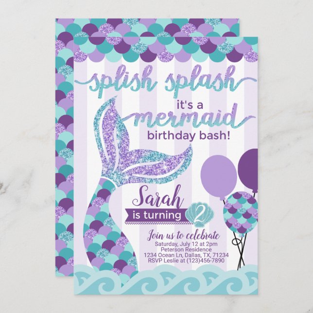 Mermaid Birthday Party Invitation Invite (Front/Back)