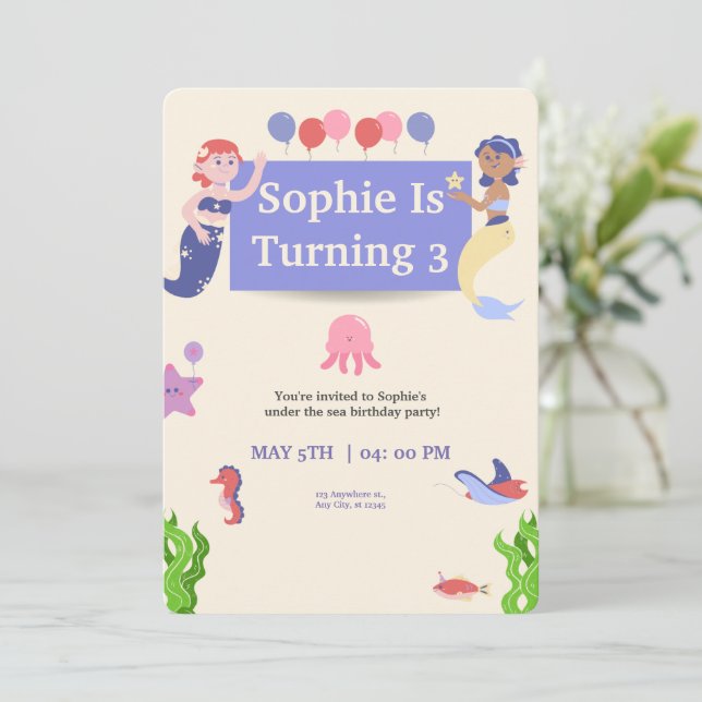 Mermaid Birthday Party Invitation, Under The Sea  Invitation (Standing Front)
