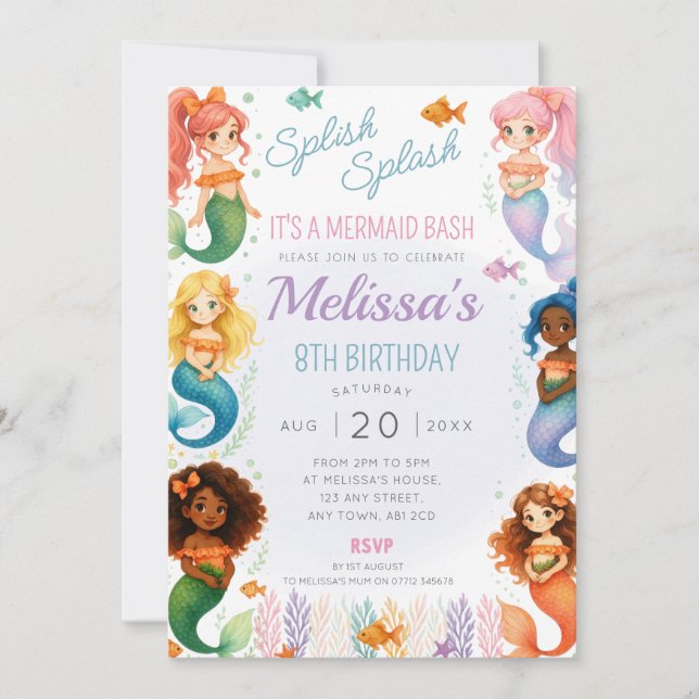 Mermaid Birthday Party Invite Splish Splash Bash (Front)