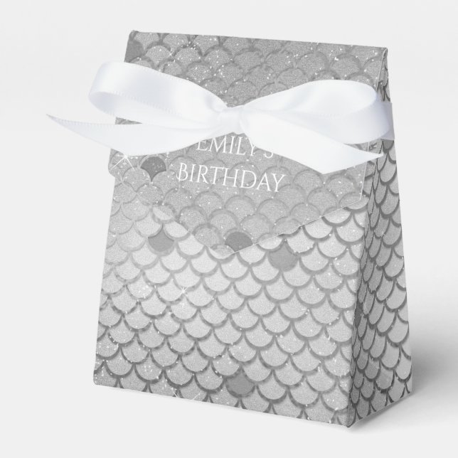 Mermaid Birthday Party Personalised Silver Grey Favour Box (Front Side)