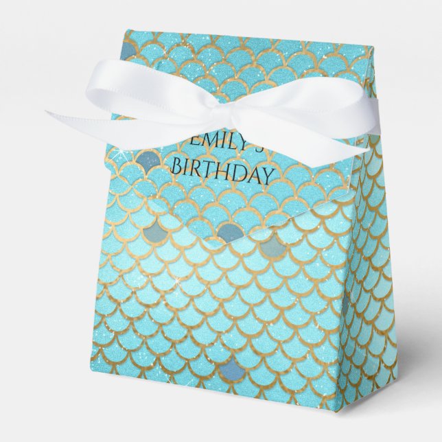 Mermaid Birthday Party Personalised Teal Gold Favour Box (Front Side)