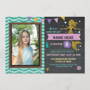 Mermaid Birthday Party Photo Gold Glitter Invite