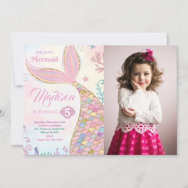 Mermaid Birthday Party Photo Invitation (Front)