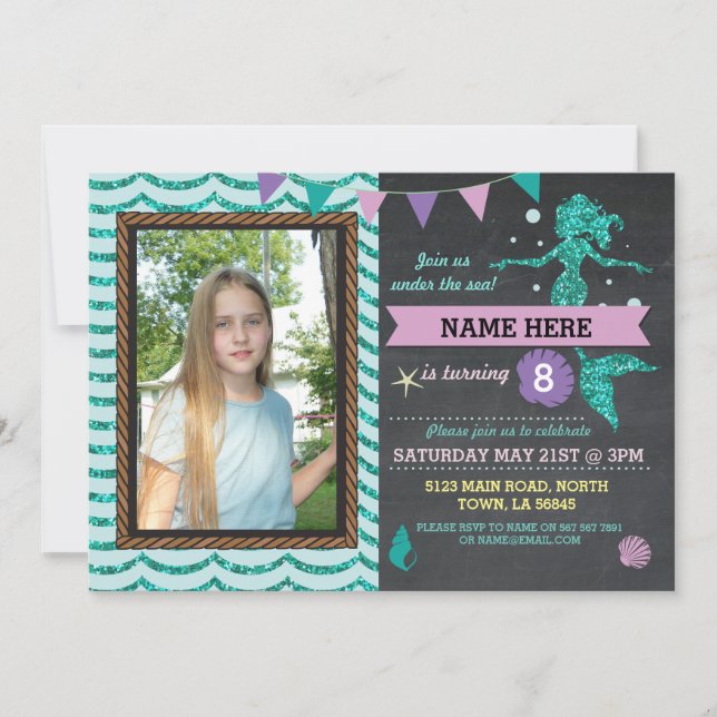 Mermaid Birthday Party Photo Sea Glitter Invite (Front)