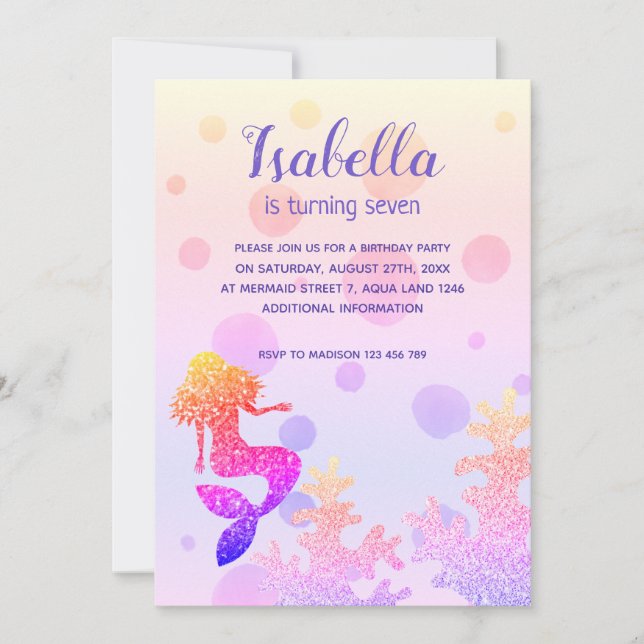 Mermaid Birthday Party Pink Purple Sparkles Invitation (Front)