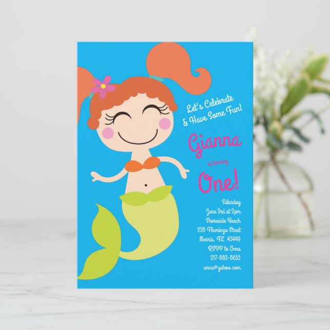 Mermaid Birthday Party Red Hair Invitation (Standing Front)