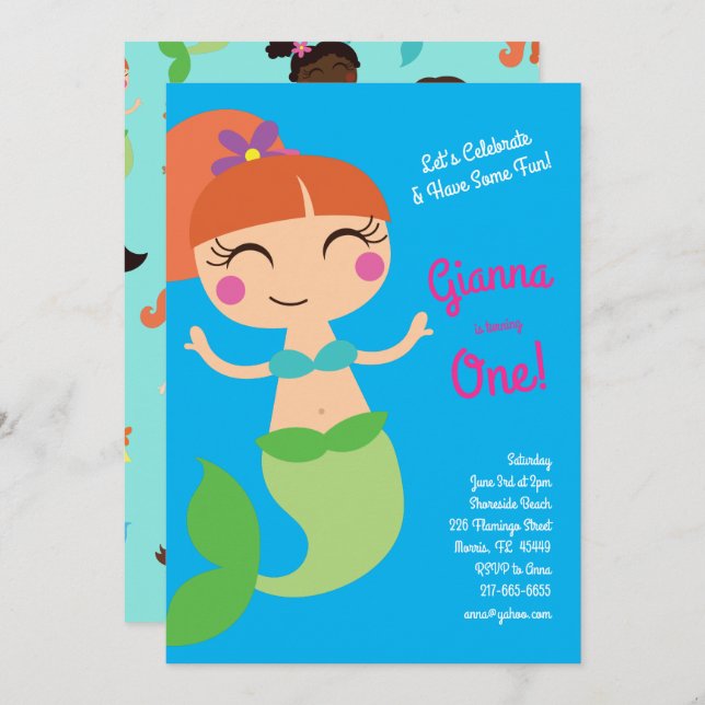 Mermaid Birthday Party Red Hair Invitation (Front/Back)