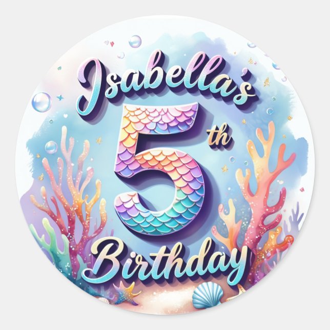 Mermaid Birthday Party Sticker – Custom Name & Age (Front)