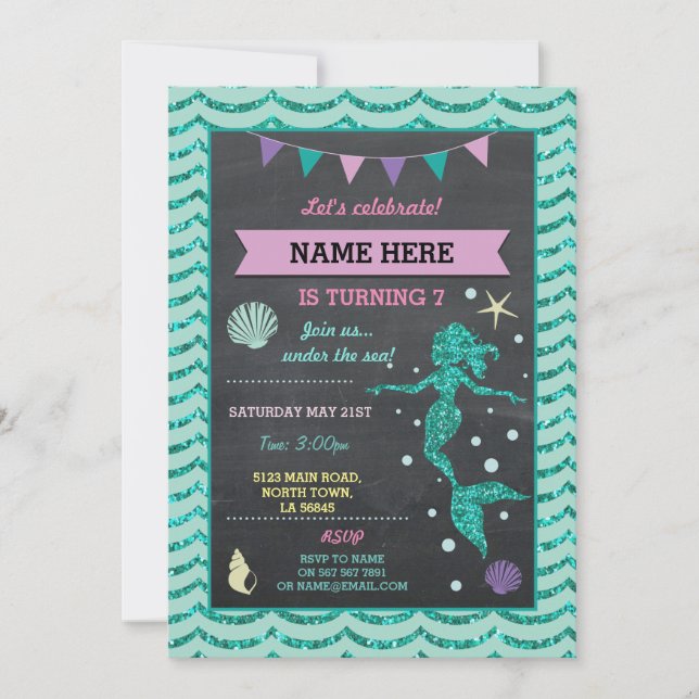 Mermaid Birthday Party Teal Pin Glitter Sea Invite (Front)