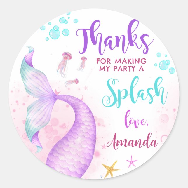 Mermaid Birthday Party Thank You Classic Round Sticker (Front)