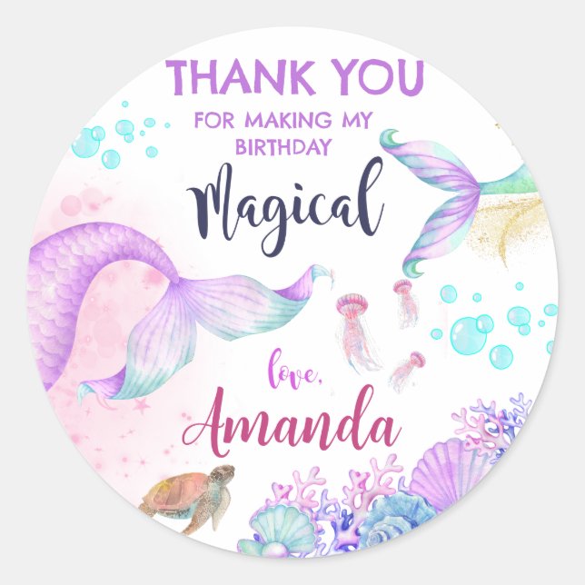 Mermaid Birthday Party Thank You Favour Classic Round Sticker (Front)