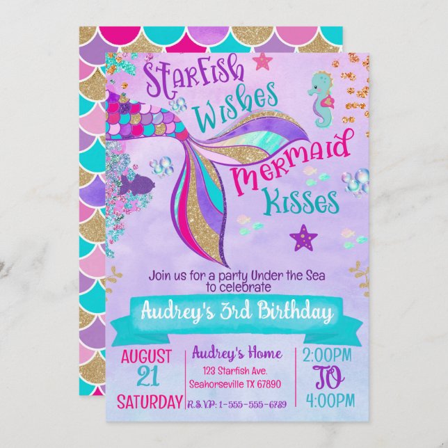 Mermaid Birthday Party Under the Sea Invitation  (Front/Back)