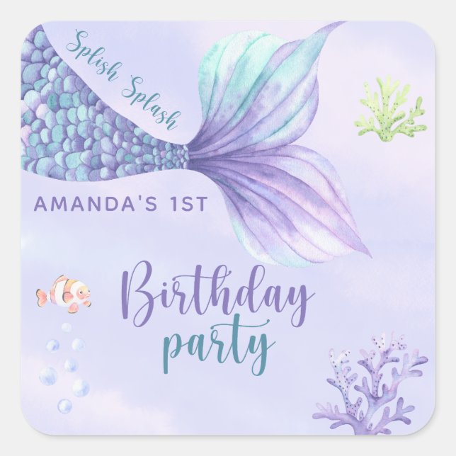 Mermaid Birthday Party Under The Sea Mermaid Square Sticker (Front)