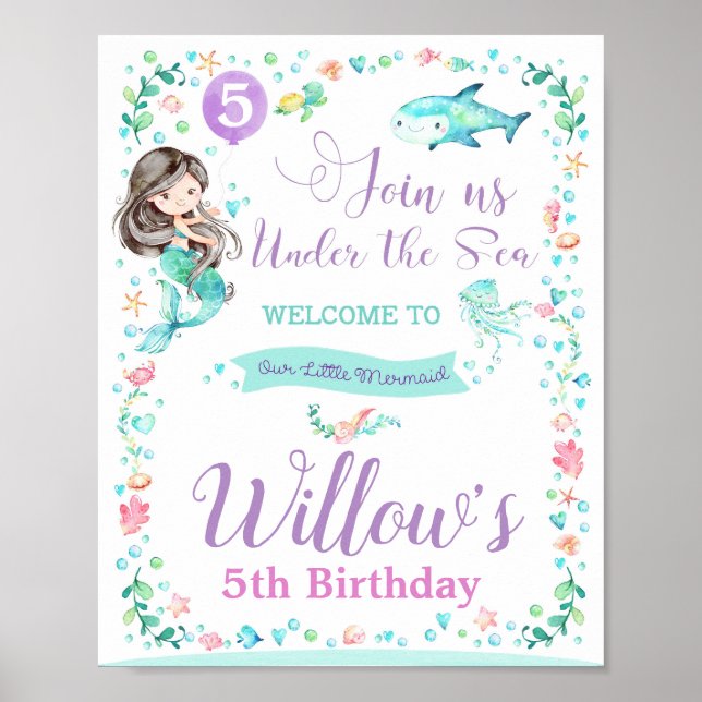 Mermaid Birthday Party Welcome Sign Poster (Front)