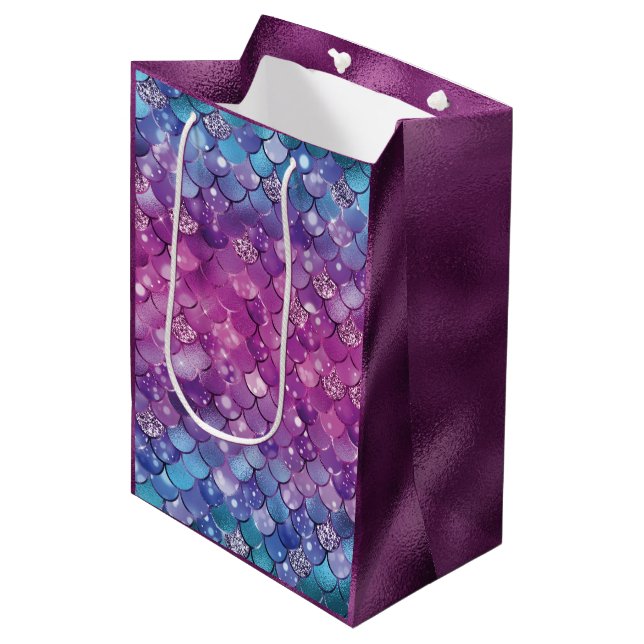 Mermaid Birthday Pink Blue Gold Glitter Medium Gift Bag (Front Angled)