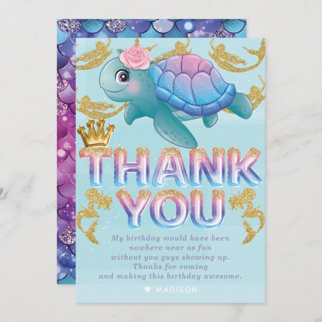 Mermaid Birthday Pink Blue Gold Thank You Card (Front/Back)
