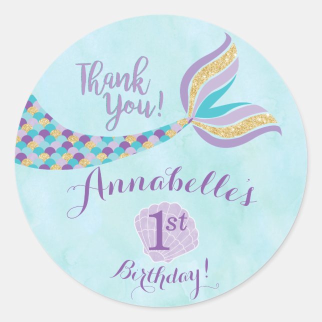 Mermaid Birthday Round Stickers | Party Favour (Front)