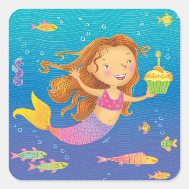 Mermaid Birthday Square Stickers (Front)