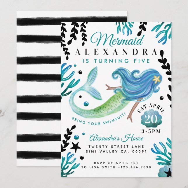 Mermaid Birthday Swimming Pool Party Invitation (Front/Back)