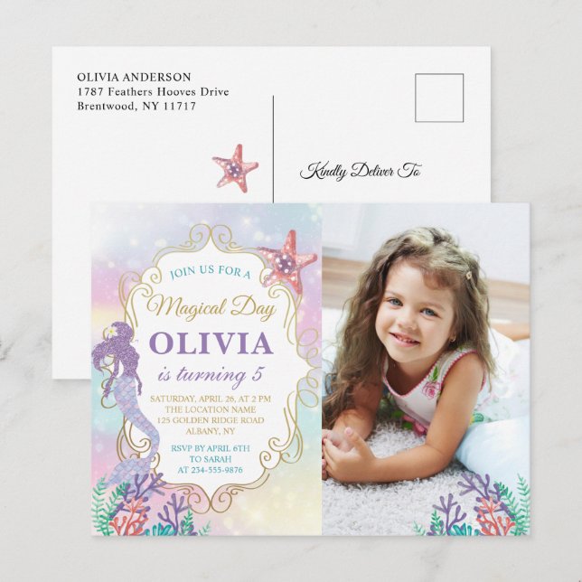 Mermaid Birthday Under The Sea  Photo Invitation Postcard (Front/Back)