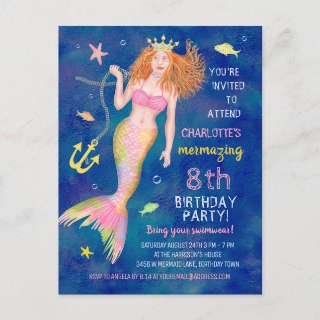 Mermaid Birthday Under the Sea Redhead Pool Party Invitation Postcard (Front)