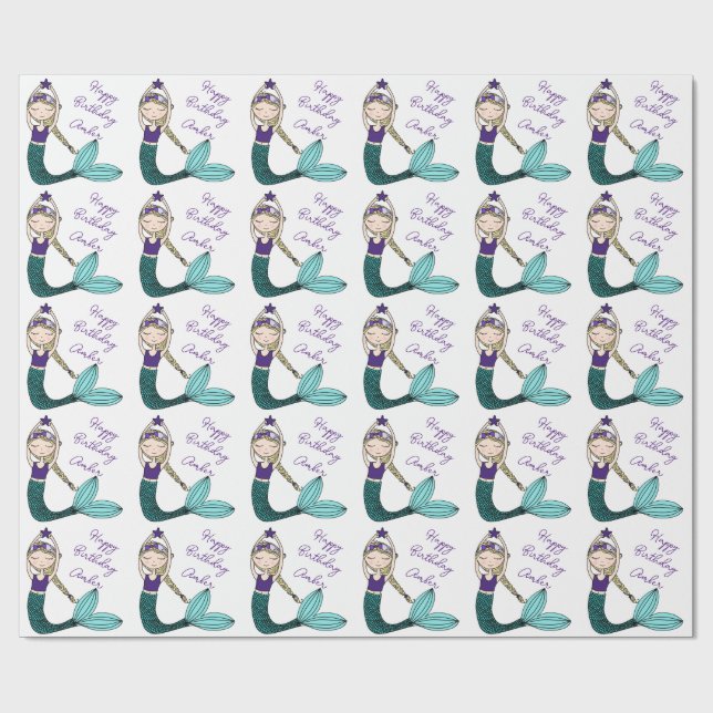 Mermaid Birthday wrapping paper, mermaid girl Wrapping Paper (Flat)