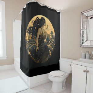 Mermaid Black and Gold Art Deco Shower Curtain